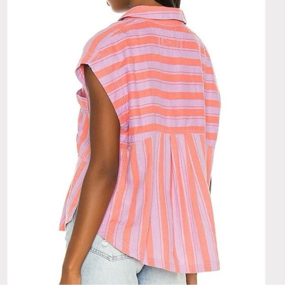 NWT Free People We the Free Play It Cool Linen Striped Shirt Sorbet Combo Size S - Picture 3 of 8